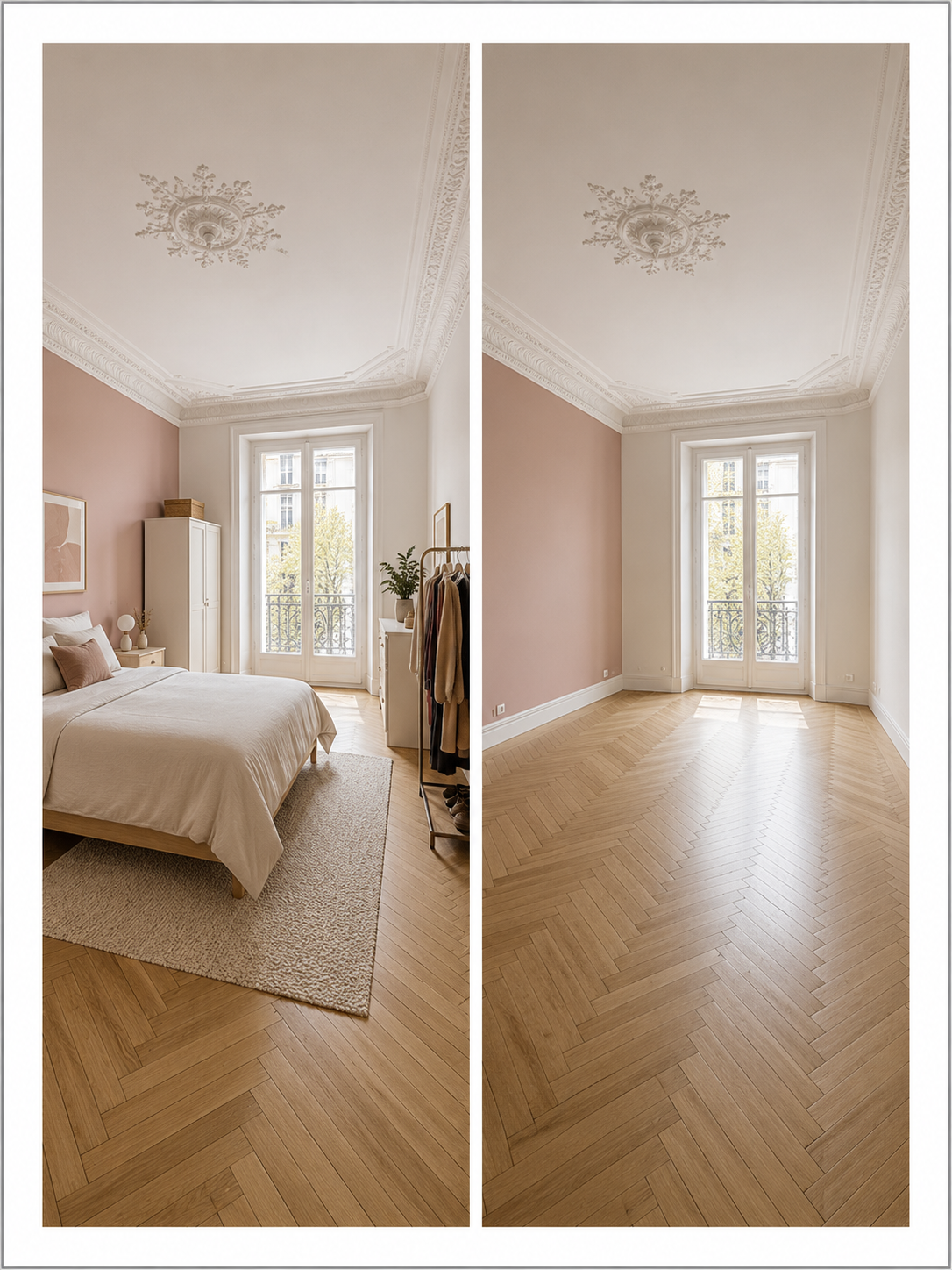 Chambre parquet chevrons, avant et après valorisation