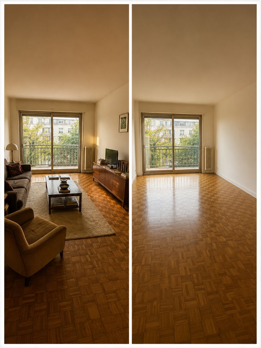 Salon parquet marqueterie, avant et après valorisation